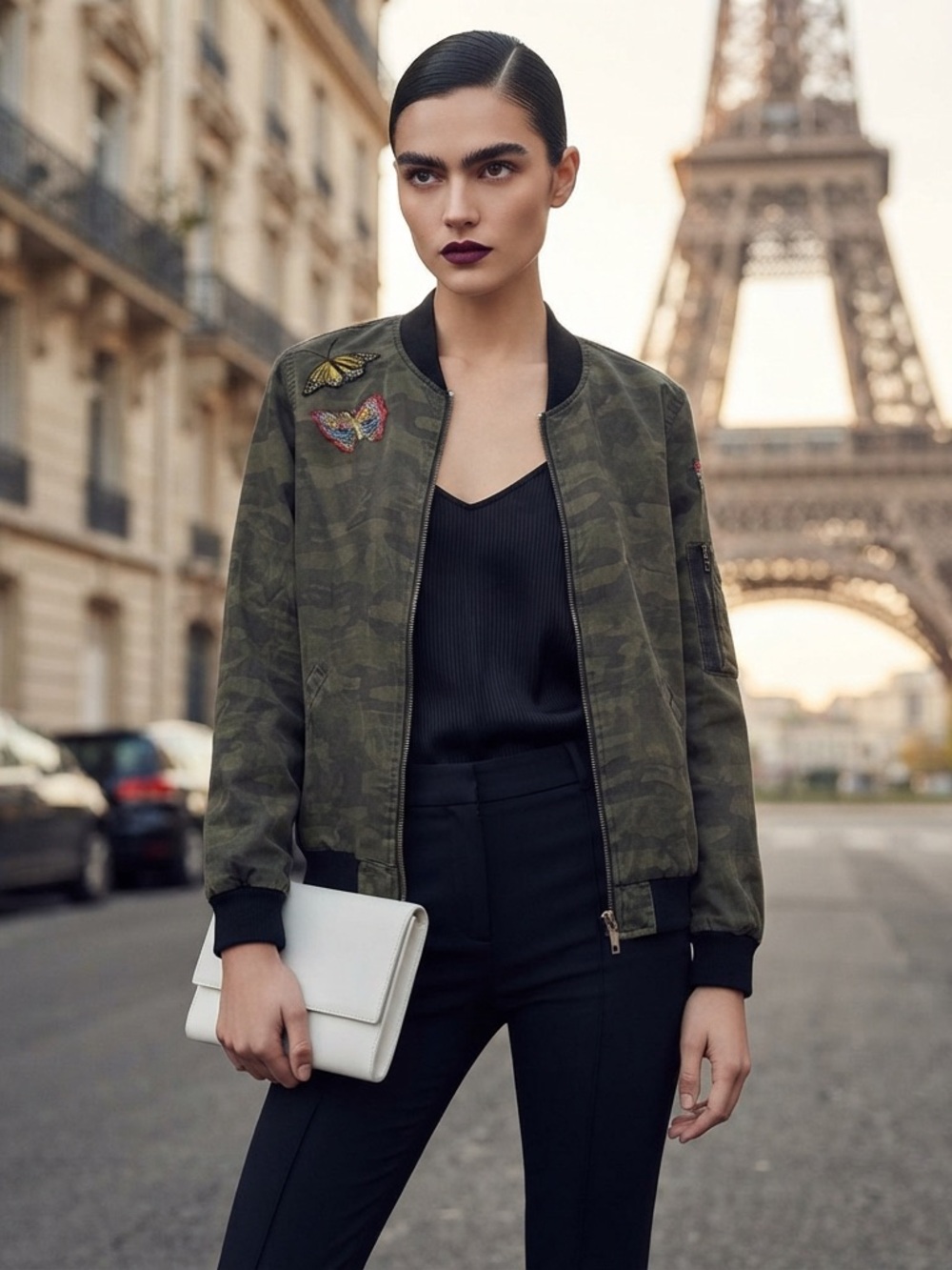 Sanctuary Camouflage Bomber Jacket with Embroidered Butterfly/Bird Patches